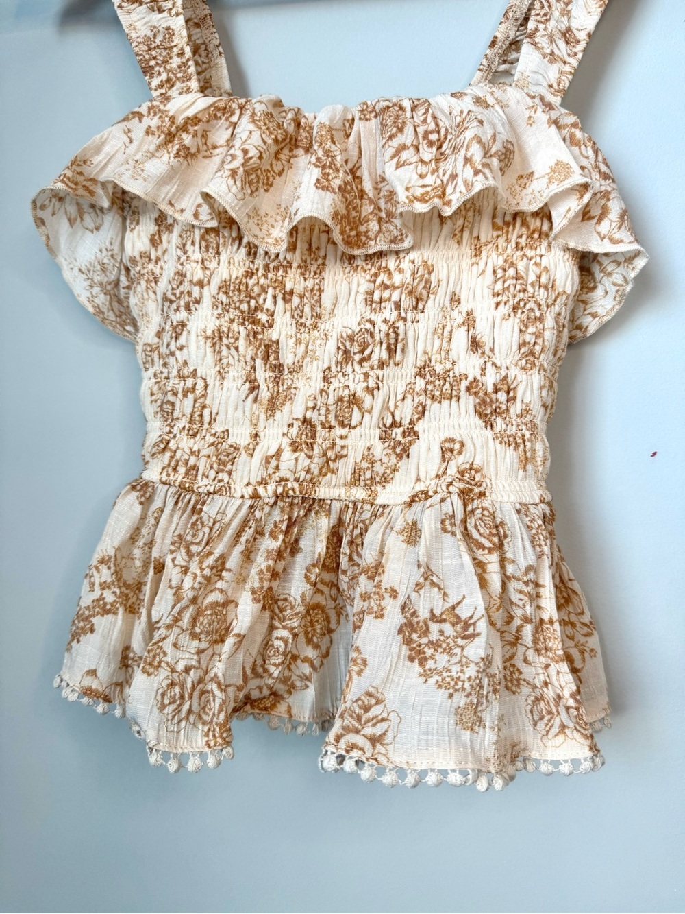 Trixxi Cream Floral Smocked Ruffle Tank Top - Brown Print - Picture 2 of 3
